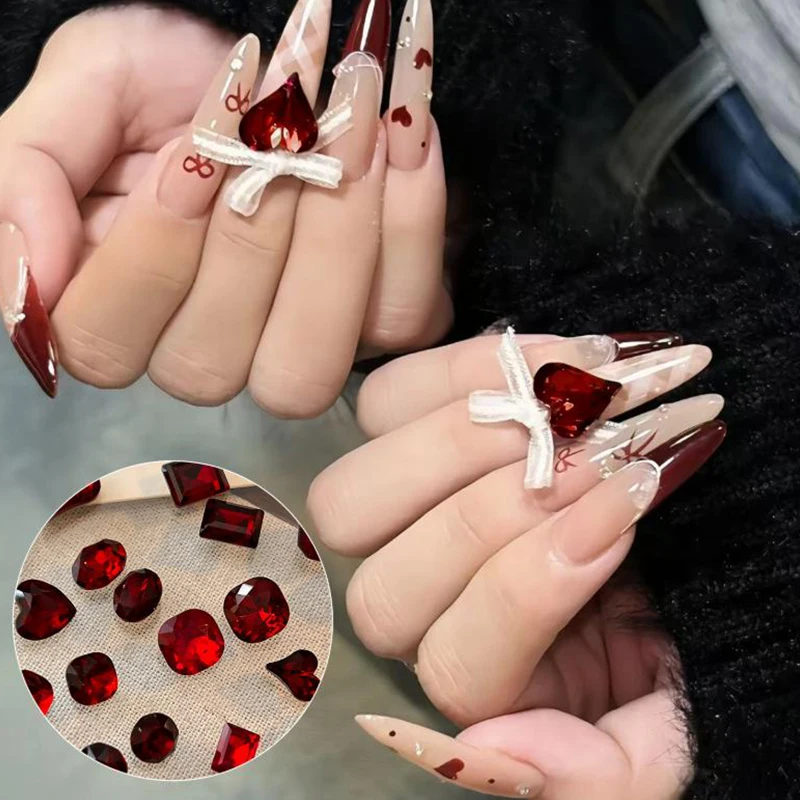5 Pcs Multiple Shapes Red Nail Gems Pointed Bottom Rhinestones Nail Crystal Diamond Mixed Luxury Glass Rhinestones Charms Decor