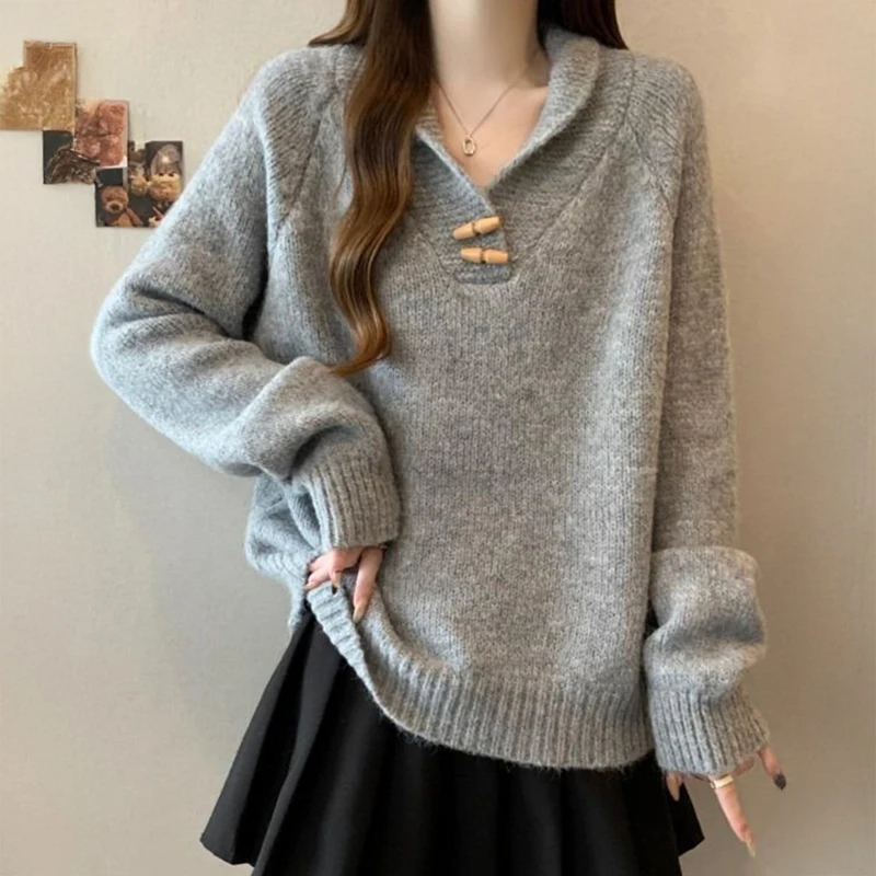 

Shawl Collar Sweater for Women Comfy Knit Loose-fit Pullover Jumper with Toggle Button Ladies Autumn Winter Cozy Knitwear