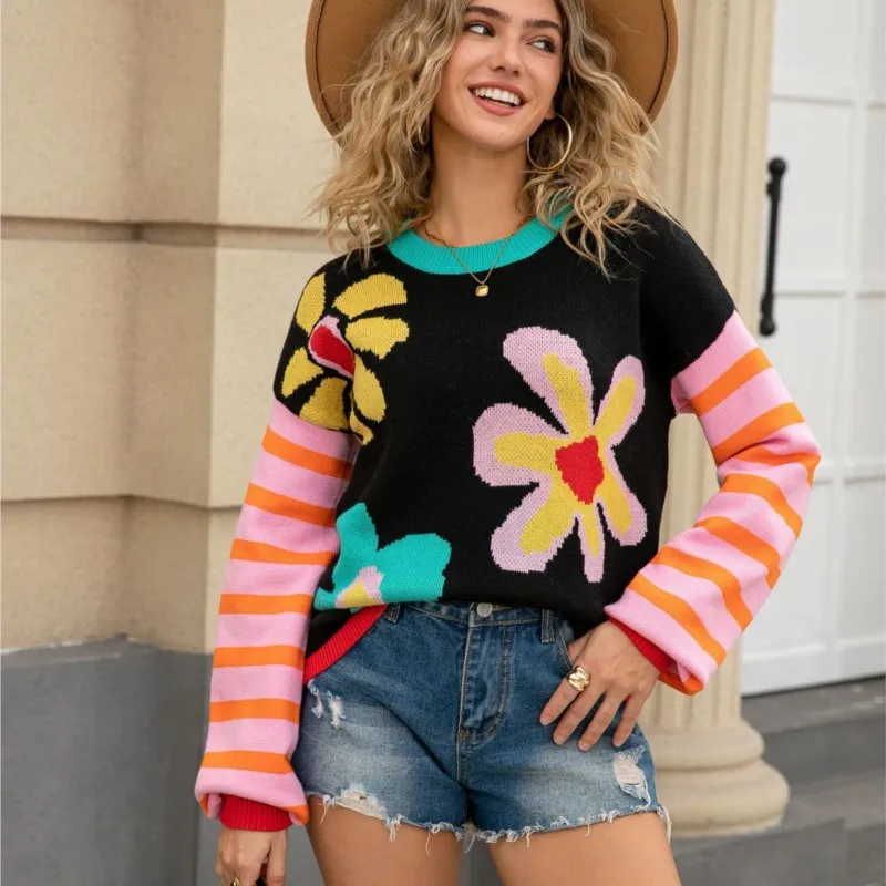 Winter Dagelijks woon-werkverkeer Gebreide damestrui Modieus bloemenpatroon Ronde hals Lange mouw Losse trui Casual schattige top