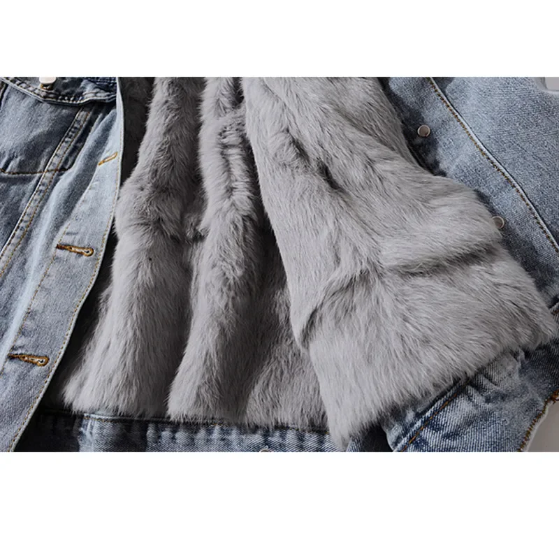 Winter Warm Denim Jacket Women Fox Fur Collar + Removable Rabbit Fur Liner Jeans Jacket Coat Loose Outwear Female Chaqueta Mujer