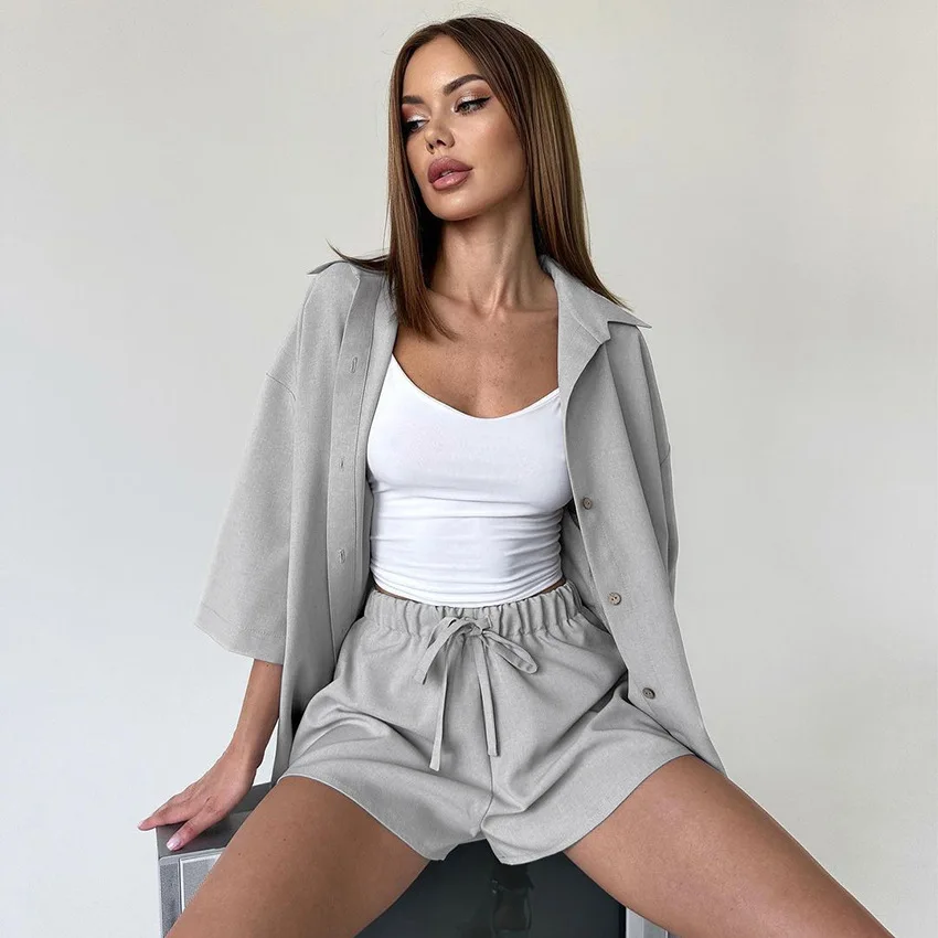 White Cotton Linen Cardigan Pajamas Set Soft Comfortable Long-sleeved Shorts 2PCS Women's Pajamas Nightwear