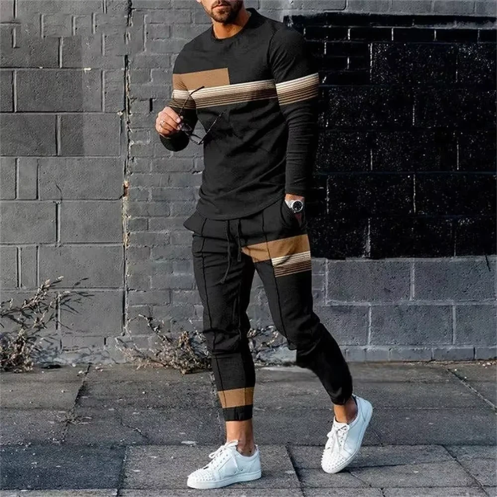 Summer Men\'s 2 Piece Sets Tracksuits Long Sleeve T Shirt+Long Sweatpants Set Streetwear Sportstreet Men Oversized Men Clothing