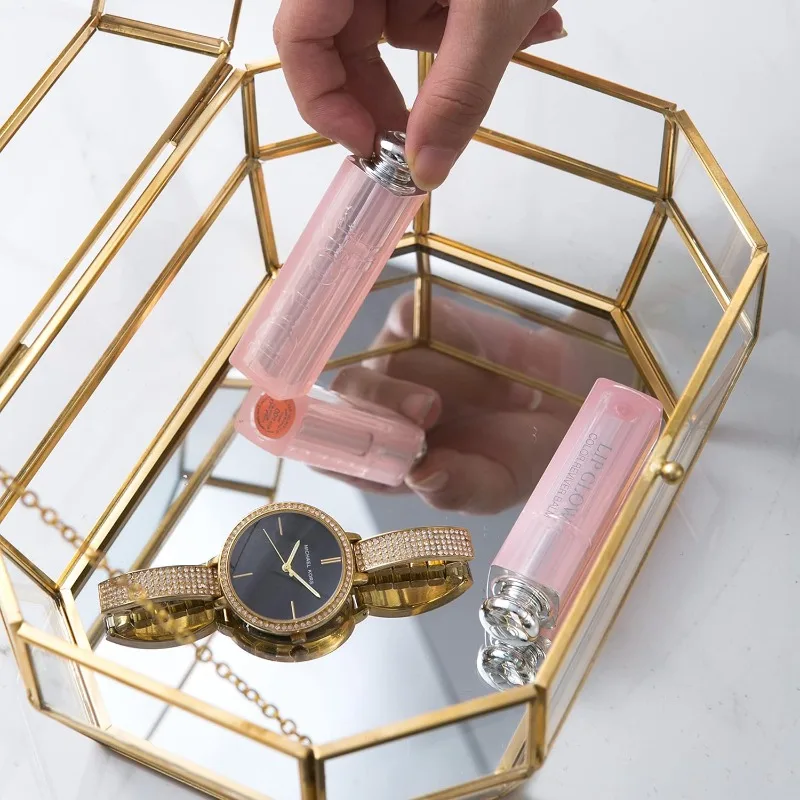 Gold and Clear Jewelry Trinket Box, Glass Decorative Box, Chic Design Storage for Cosmetic/Bracelet/Necklace/Ring, Idea G