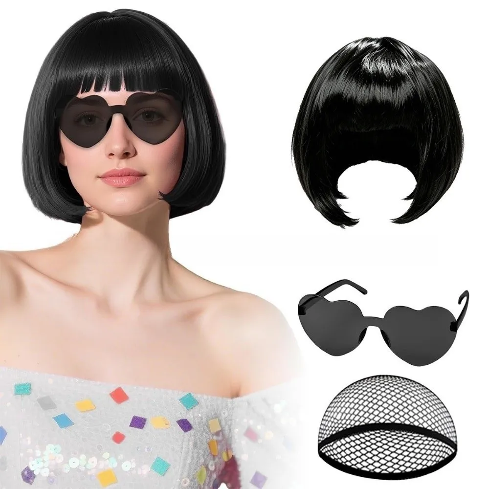 3Pcs Colorful Short Bob Hair Wig Halloween Christmas Role-playing Short Hair Wig with Hairnet and Glasses Party Cosplay Wig Set