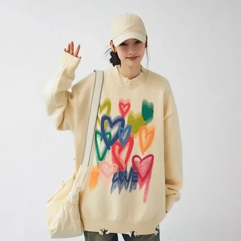 2024 Autumn Korean Retro Lovely Sweater Women O-Neck Colorful Candy Color Heart Embroidery Knitwear Loose Hole Pullover Femme