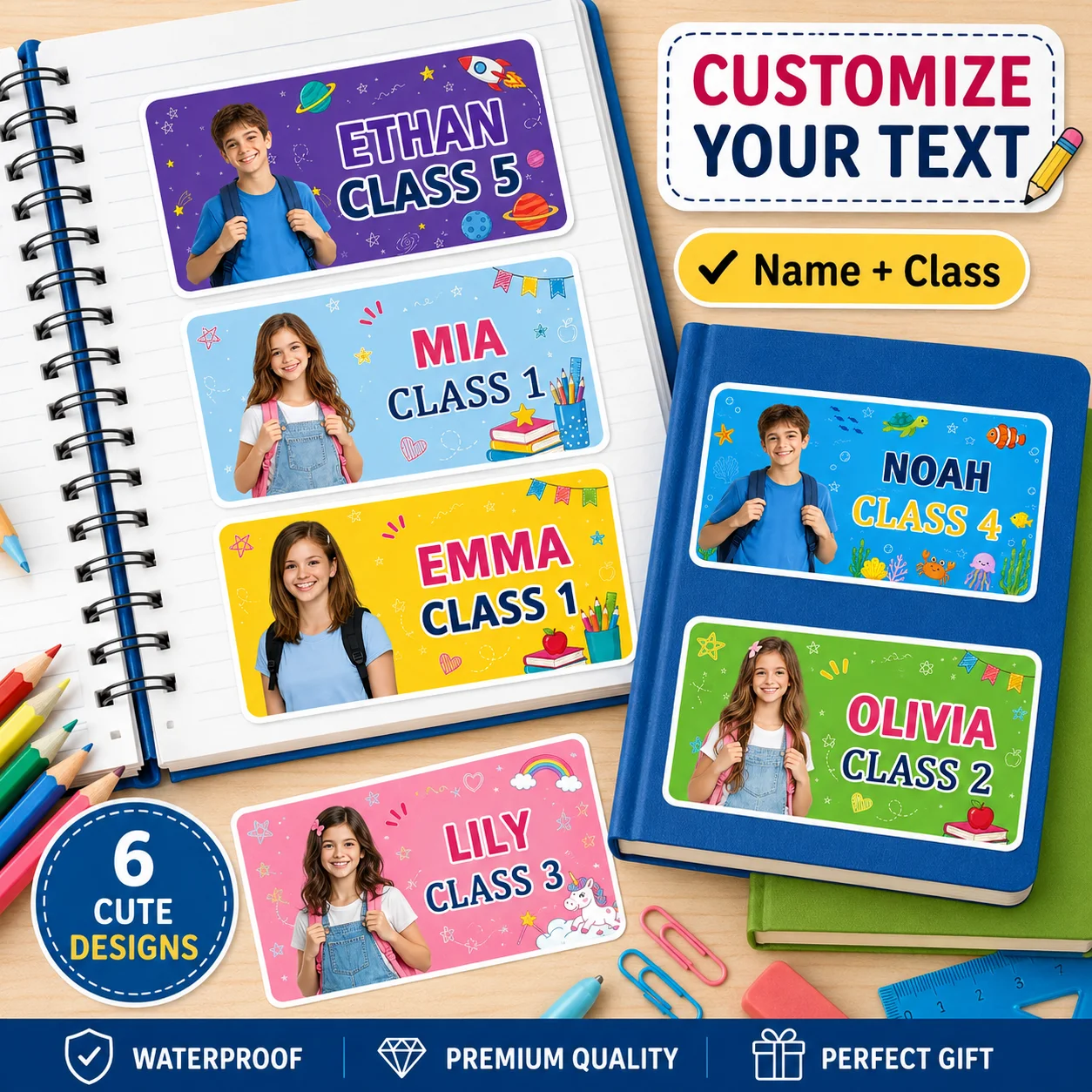 Custom photo name and class stickers, personalized student labels, suitable for books, notebooks, pencil cases, water bottles, lunch boxes, and school supplies
