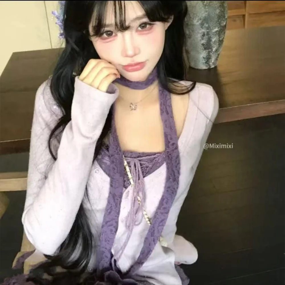 

2026 New Fake Two-Piece Knitted Cardigan Style Women's Y2K Crop Top T-Shirt+Cake Skirt Japanese Kawaii Fashion Set Chic Korean