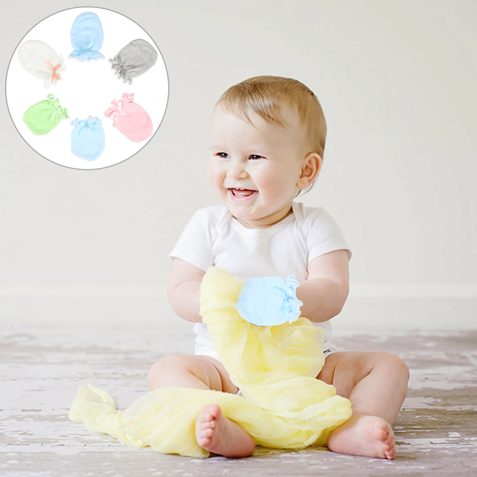 

6 Pairs Bowknot Decor Mittens Pure Cotton Elastic Warm Gloves Newborn Baby Warm Gloves Daily Needs Protective