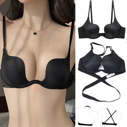 Deep U Low Cut Super Push Up Backless Bra Women Sexy Breathe Soft Cross Back Bras Solid Color One Piece Beauty Back Underwear