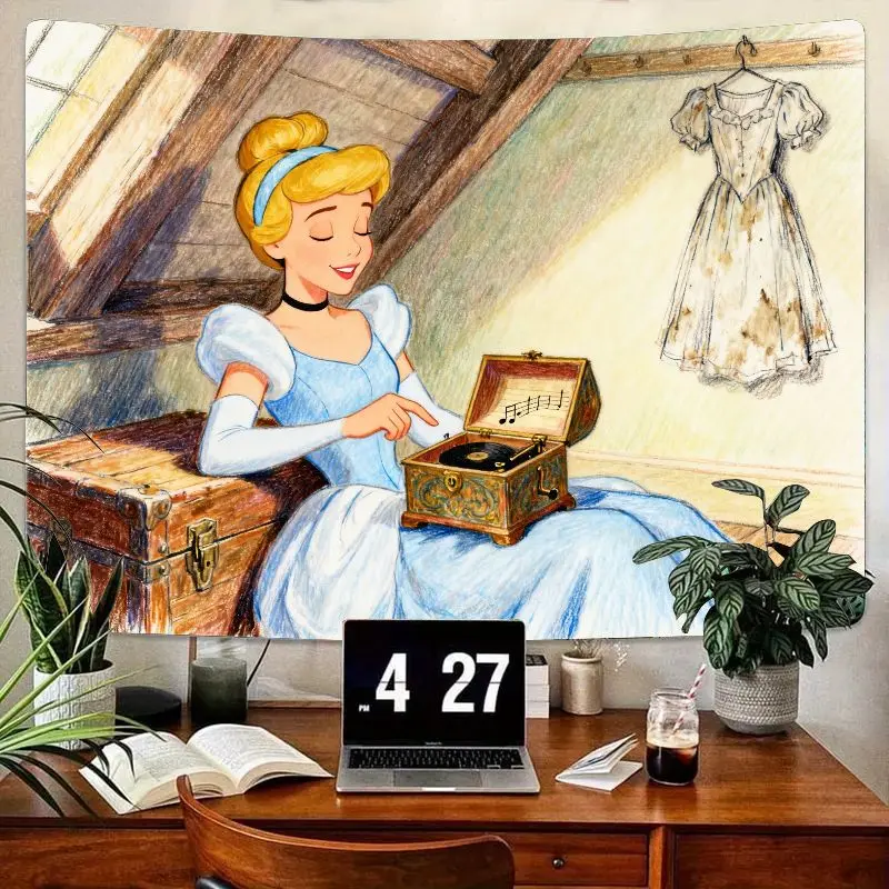 

1PC Disney Cinderella Princess Blue Gown Gramophone Modern Polyester Tapestry Vintage Sketch Wall Art Dorm Room Decor Gift