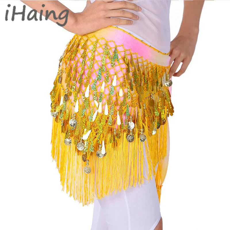 Women Adjustable Tassel Belly Dance Hip Scarf Adult Sequins Dancewear Tribal Indain Practice Coin Dance Skirt Belt Costume