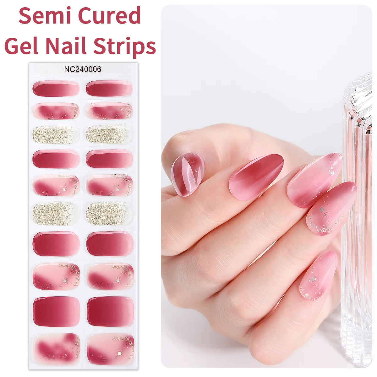 20Tips Pink Purple Semi Cured Nail Gel Strips Glitter Gradient Gel Nail Stickers for Women Self-Adhesive DIY Manicure Strip