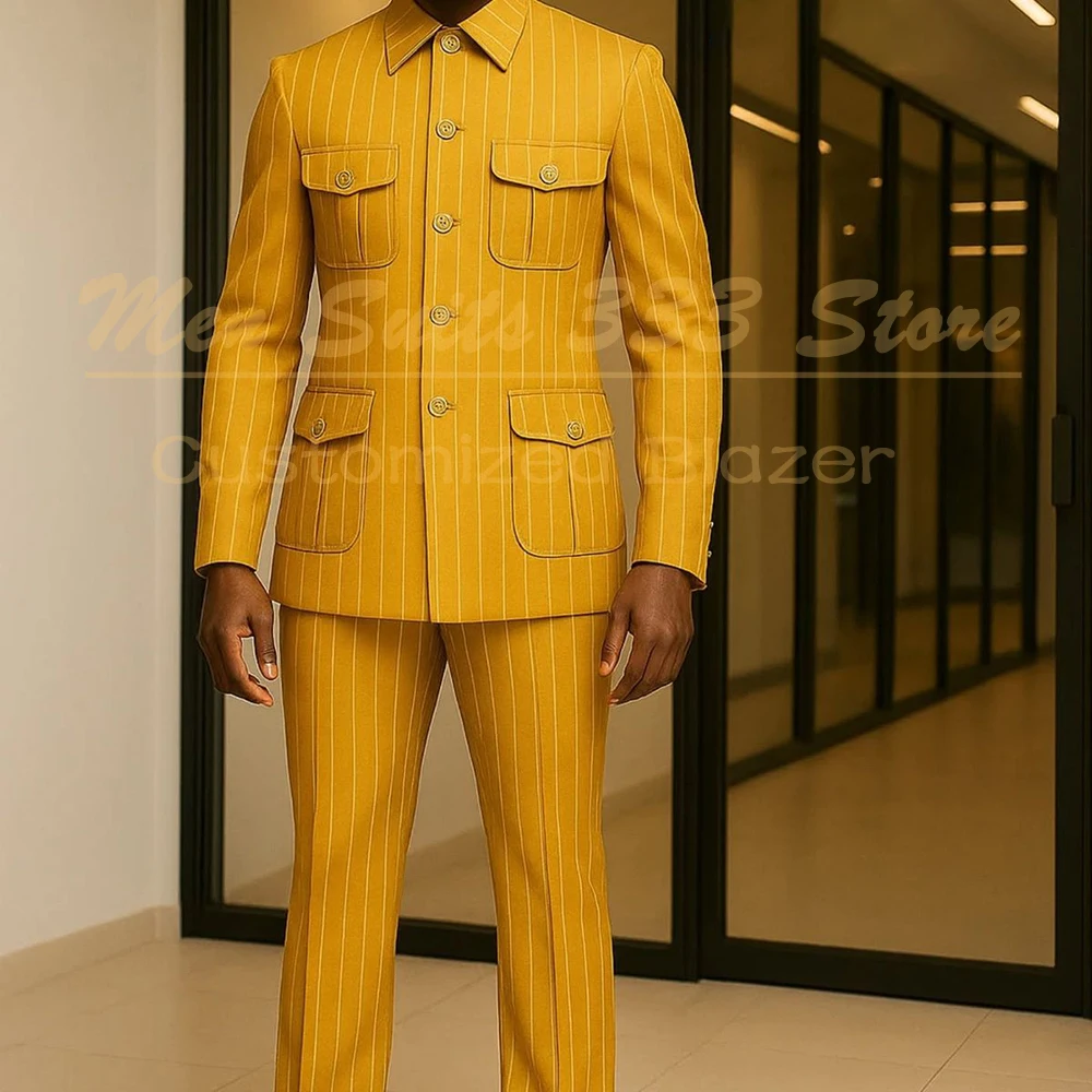 

Beapoke Pinstripe Men's Suits Safari Single Breasted Stand Lapel Slim Fit Blazer High Quality Office 2 Piece Jacket Pants Sets