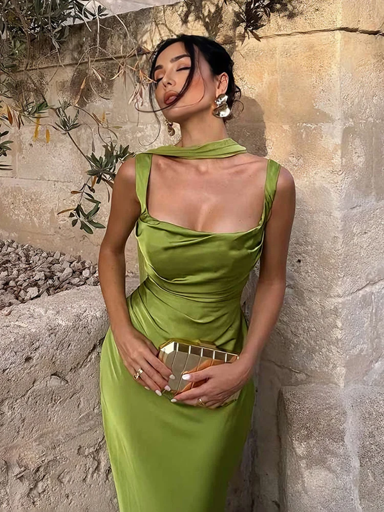 

Шелковое элегантное платье Kliou с длинным шарфом, женское, с квадратным вырезом, без рукавов, с открытой спиной, с завышенной талией, для вечеринок и выпускных вечеров, цвета полуночного синего