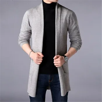 KIDWHXR 2026 Spring Autumn Man Cardigans Slim Turn Down Collar Male Knitted Coat Mid Length Soft Casual Men Sweater Outerwear