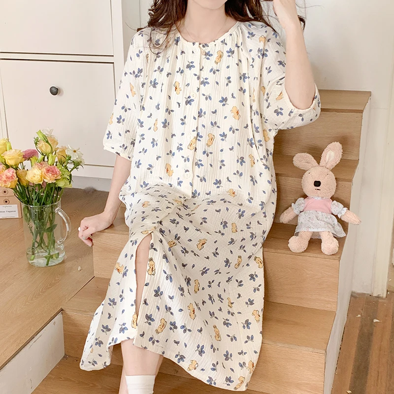 

100% Cotton Double Gauze Nursing Nightdress for Maternity Summer Soft Thin Floral Printed Sleepwear Pregnancy Home Hospital Wear