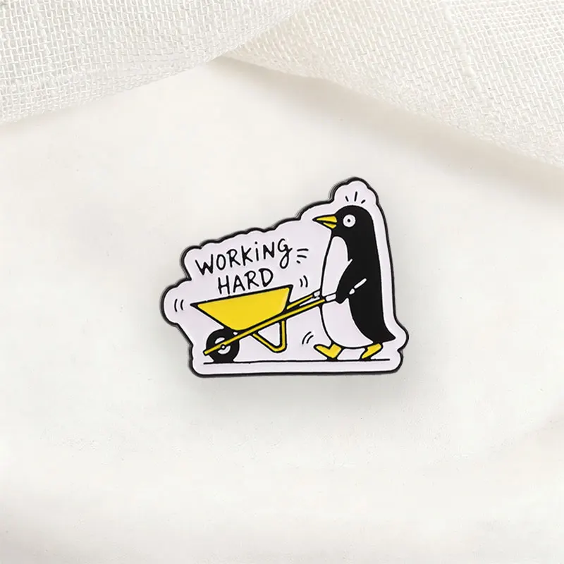 Cartoon Penguin Pushing Yellow Wheelbarrow Badge Working Hard Enamel Pins Fashion Lapel Metal Brooches Backpack Clothes Jewelry