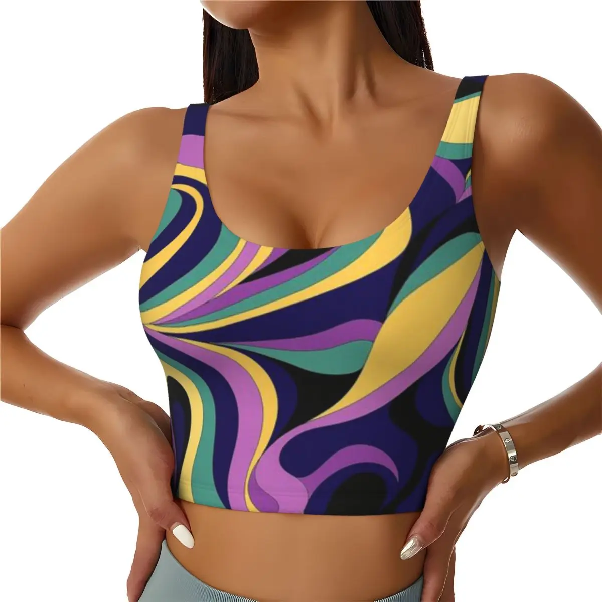 Cross Back Yoga Tank Colorful Psychedelic Swirl Retro Groovy Wave Pattern Fitness Studio Maternity Sports Top