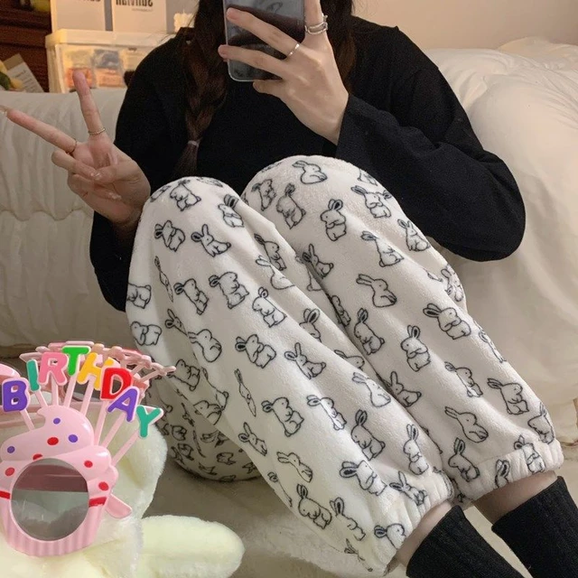 Kawaii Animal Rabbit Plush Fuzzy Pjs Pajamas Trousers Ladies Cute White Home Pants Winter Warm Y 2k Harajuku Flannel Sleepwear AliExpress