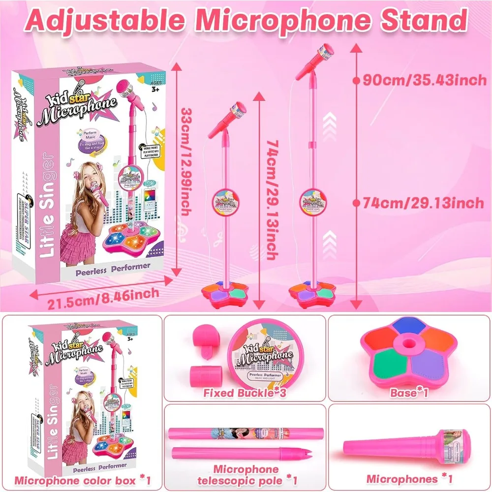 Kids Karaoke Microphone with Adjustable Stand, LED Lights & Speaker, Musical Singing Toy for Girls Boys, Party Birthday Gift