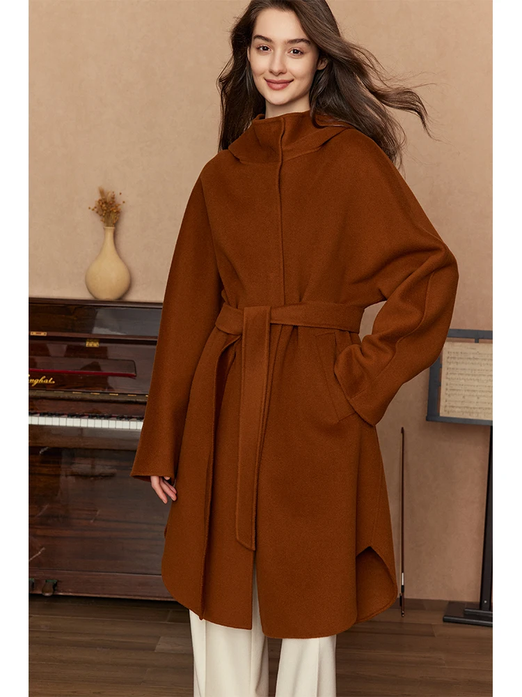 French Hepburn Style Caramel Cashmere Hoodie Coat Women Medium Long Length Slimming Fit High-end Hooded Woolen Overcoat Jacket