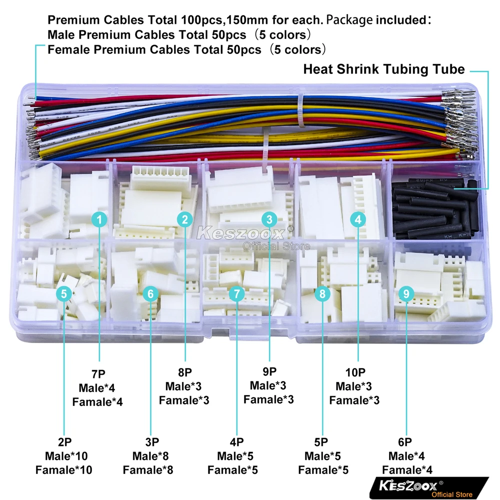 Keszoox JST 2.54mm XHP XH 2. 54 2-10P Male Female Housing Connector with 22AWG XHP Wire Cable Connector Kit