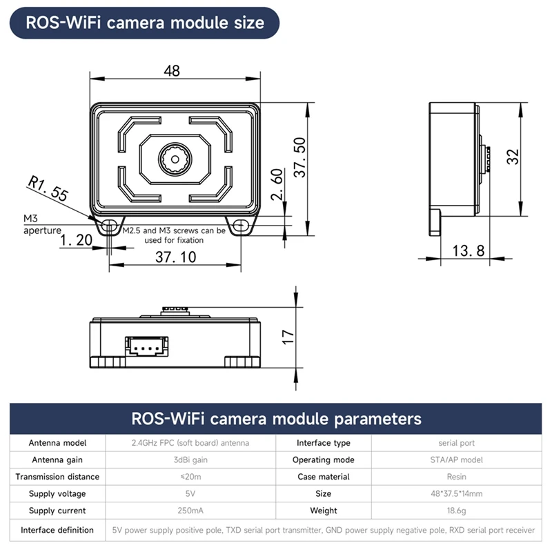 AI Visual Recognition ROS-WiFi Camera Module with ESP32-S3 Chip Support Wireless Video Transmission for ROS2 Robot Car B-A25R