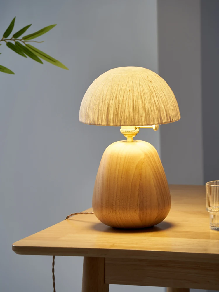 Wabi‑Sabi Wooden Mushroom Table Lamp Straw Lampshade Nordic Bedside Desk Lamp for Living Room Bedroom Home Decor AC90‑260V