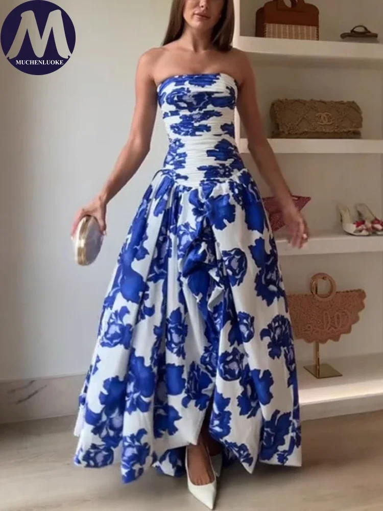 Elegant Slim Fit High Waisted Fluffy Dress for Women Summer New Print Sleeveless Wrap Chest Fold Fashionable Dress