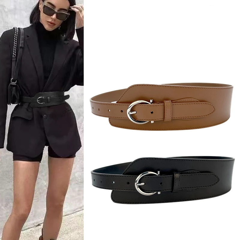 Women's Fashion Decorative Belt Matching Jacket and Suit Alloy Pin Buckle Genuine Cowhide Wide Belt Black Belt for Young Women