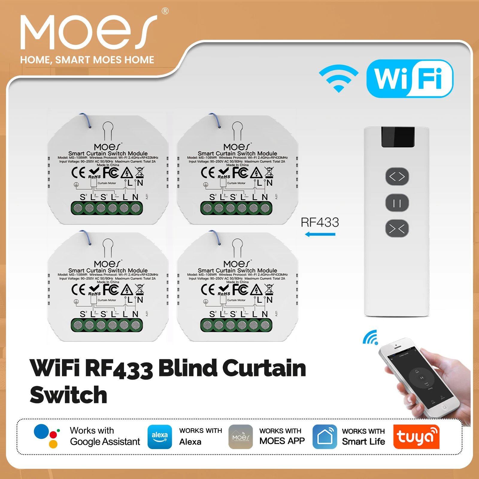 MOES WiFi RF433 Blinds Curtain Switch with Remote for Electric Roller Shutter Sunscreen Tuya Smart Life Google Home Alexa