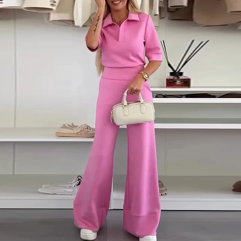 

Ladies Fashion Short Sleeve Polo Top&High Waist Pants Suit High Street Solid 2-Piece Commuter Outfit Elegant Women Simple Set