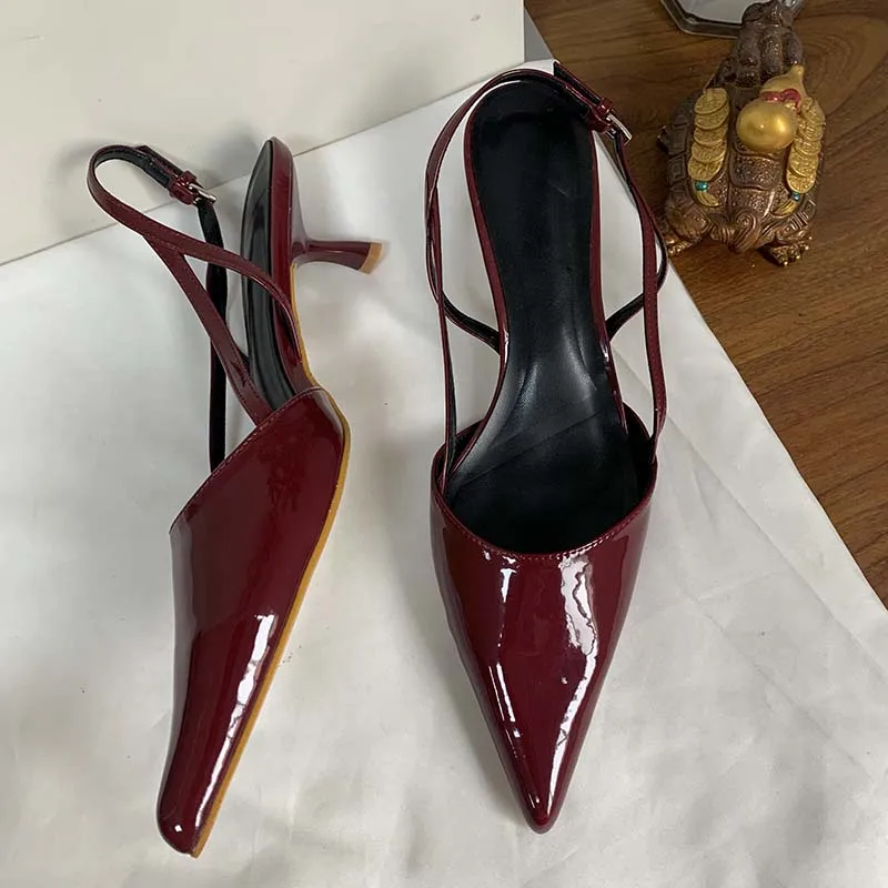 Female Sandals Wine Red Fashion Heels Footwear Women Pumps Fashion Slingbacks Shoes Pointed Toe Buckle Strap Ladies Heels Shoes