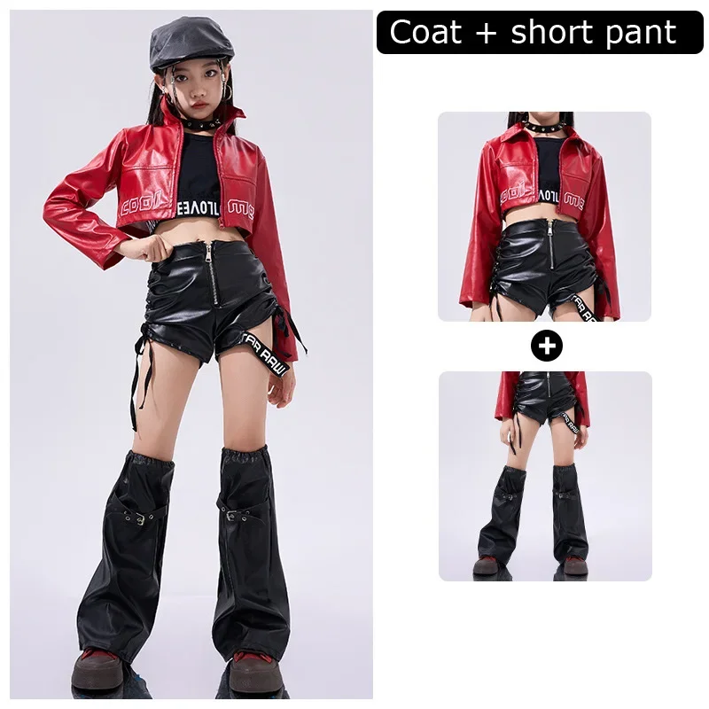 Girls Hip Hop Street Clothing Red Leather Tops Pants for Kids Streetwear Costume Jazz Dance Clothes