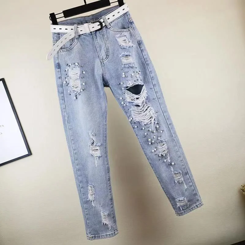 Summer Women's Fashion  Ripped Jeans New Loose High Waist Jeans Beads Rhinestones Harem Pants Female Street Holes Denim Trousers