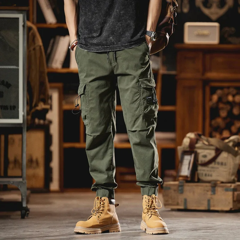 

LIBIELIY Autumn Men's Cargo Pants Outdoor Moto Biker Casual Trousers Men Retro Drawstring Work Pants Elastic Waist Cotton Hiking