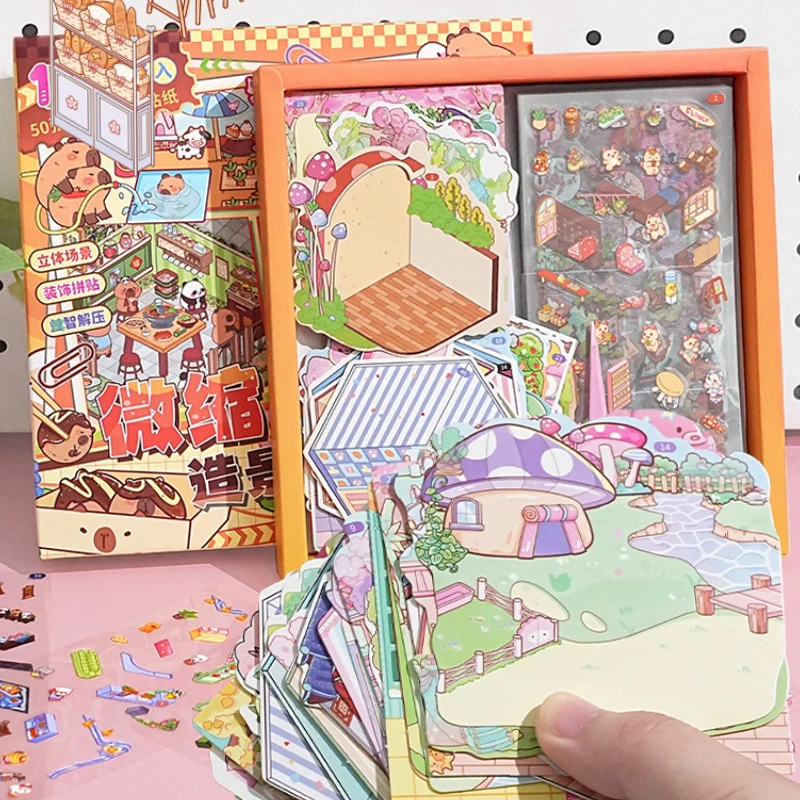

50Scenes In 1 Box Miniature Scene Landscape Stickers Three-Dimensional House Stickers Toys Girls Birthday Gifts