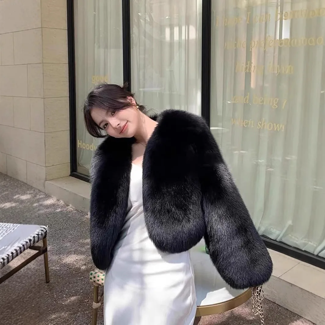 여성 인조 여우털 코트 숏 오버코트 솔리드 O넥 긴 소매 오픈 스티치 루즈 두꺼운 캐주얼 오피스 레이디 2025 가을 겨울