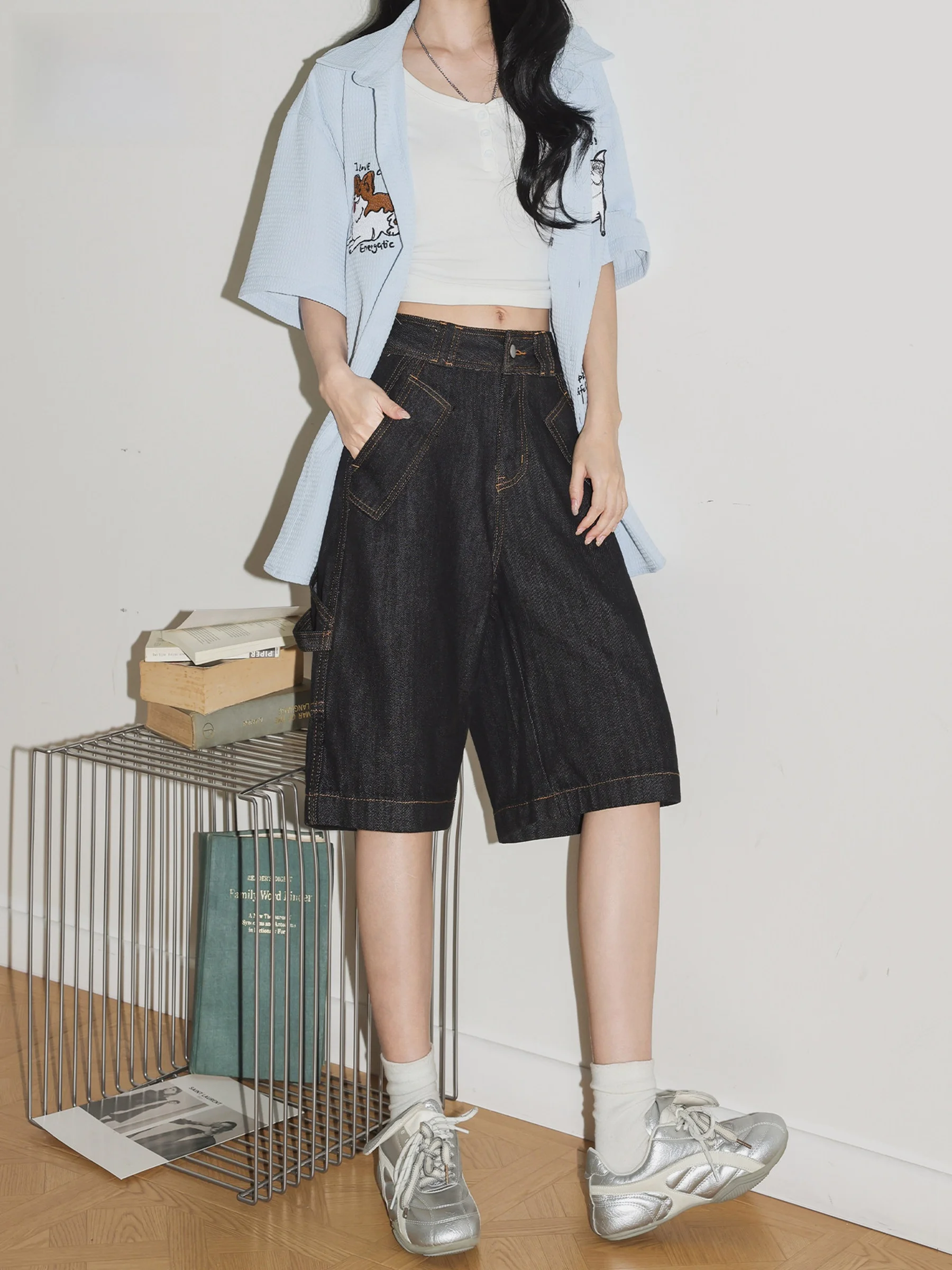 

Loose Straight Leg Denim Capri Pants Women Summer Hot Girl High Waist Button Fly Casual Loose Fit Wide Leg Jeans
