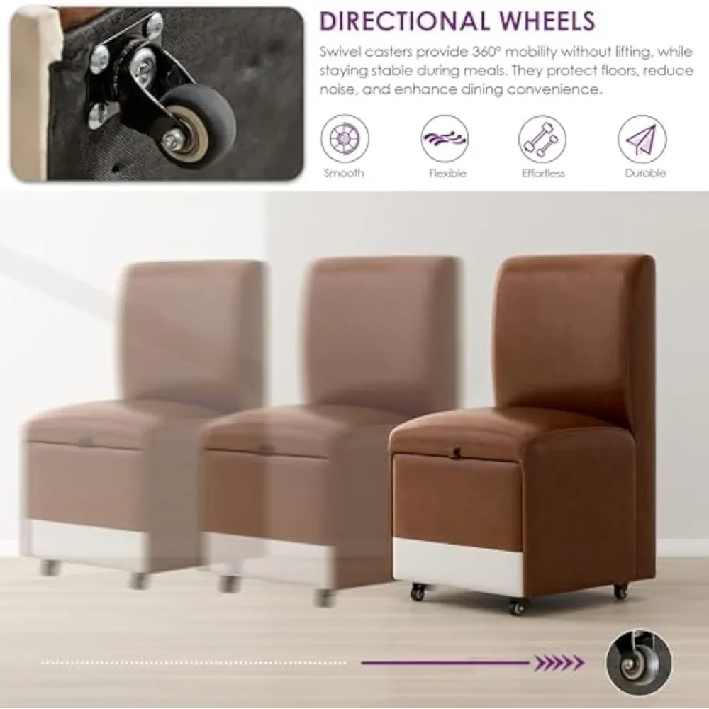 Jídelní židle sada z 2 s casters & úložný, comfy moderní kolejových hnědá kůže armless chairs, čalouněné otočný jídelní židle