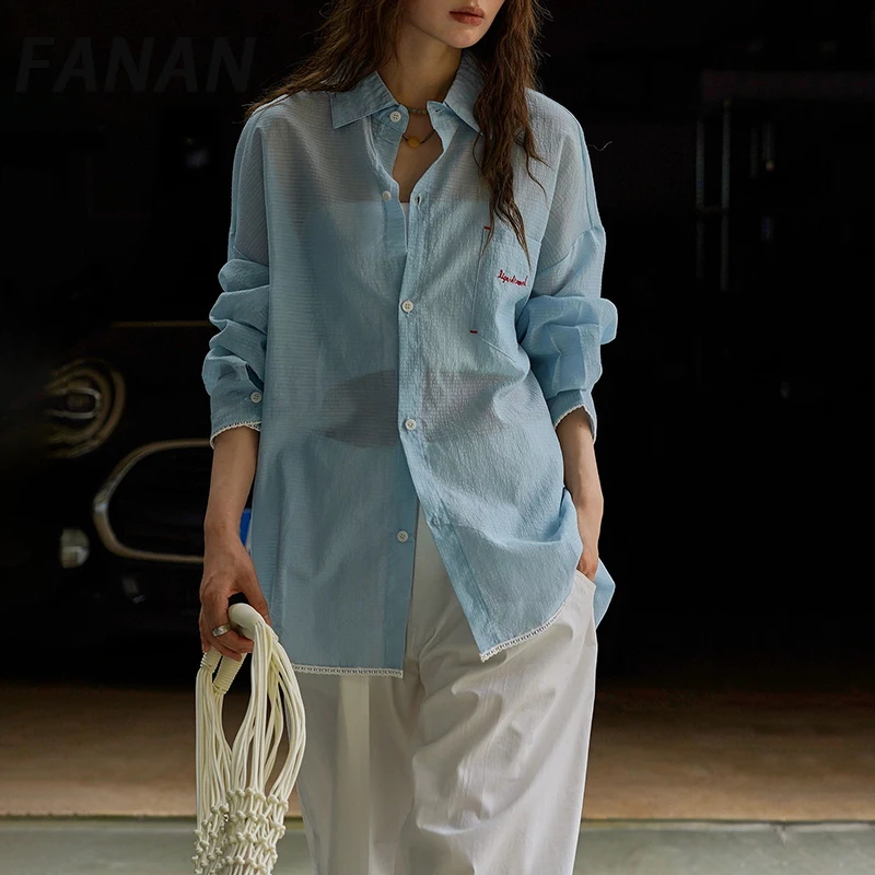 

FANAN Fashion Embroidery Sunscreen Shirts For Women Lapel Single Breasted Casual Loose Blouses Female Tops 2025 Summer New