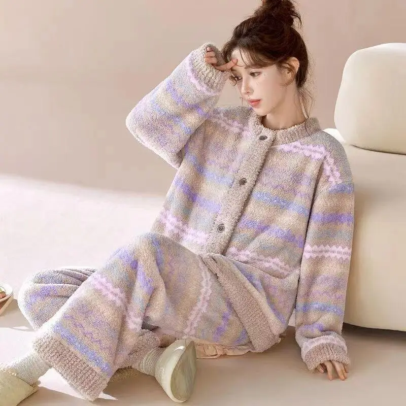 الخريف الشتاء الدافئة المخملية ملابس خاصة المرأة الرجعية الراقية الشعور بيجامة مجموعة مريحة كبيرة الحجم النوم المتسكعون في الهواء الطلق #1