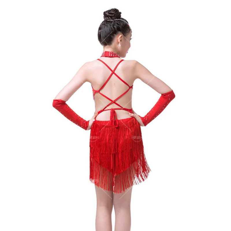 Robe de brevLatine à Franges Rouges pour Fille, Costume de Spectacle, Paillettes