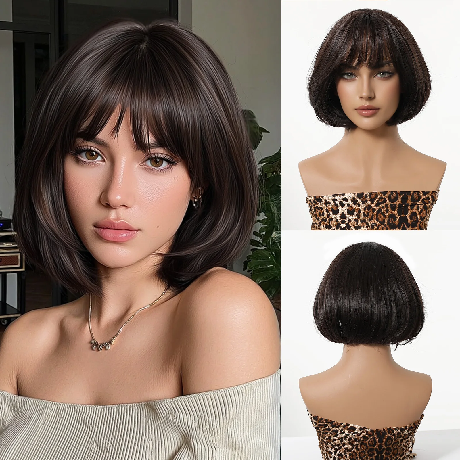 Testar 8 inch Short Straight Elegant Synthetic Wig for Women Dark Brown with Bangs Daily Heat Resistant Fake Hair