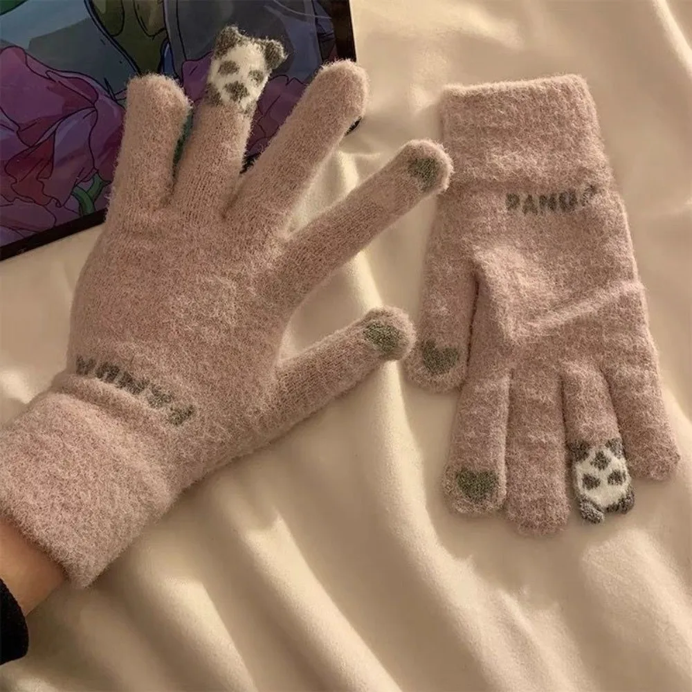 Cute Bear Design Crystal Fleece Knitted Gloves Knit Fabric One Size Touch Screen Full Finger Gloves Thick Warm Gloves For Women