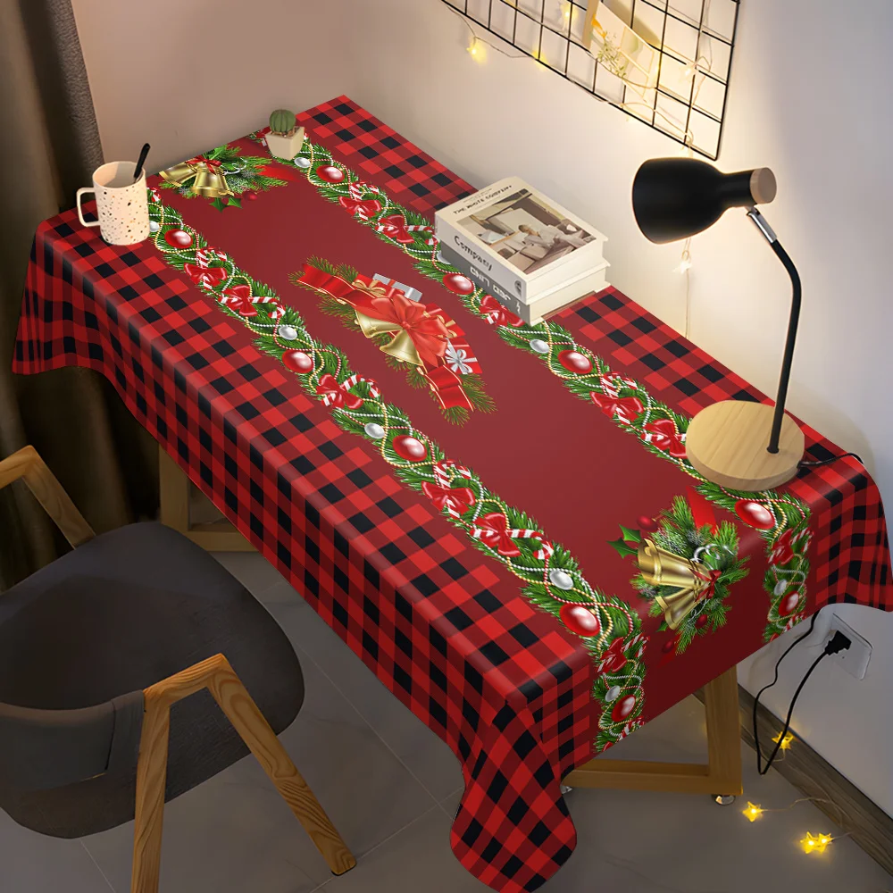 Christmas Themed Rectangle Tablecloth Winter Xmas Bell Buffalo Plaid Table Cloth Holiday Wedding Party Decor Navidad Decorations