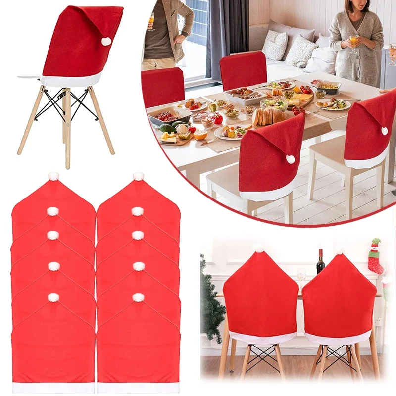 

1pcs Christmas Chair Cover Red Santa Claus Hat Dining Chair Cover for New Year Merry Christmas Party Home Kitchen Table Decor