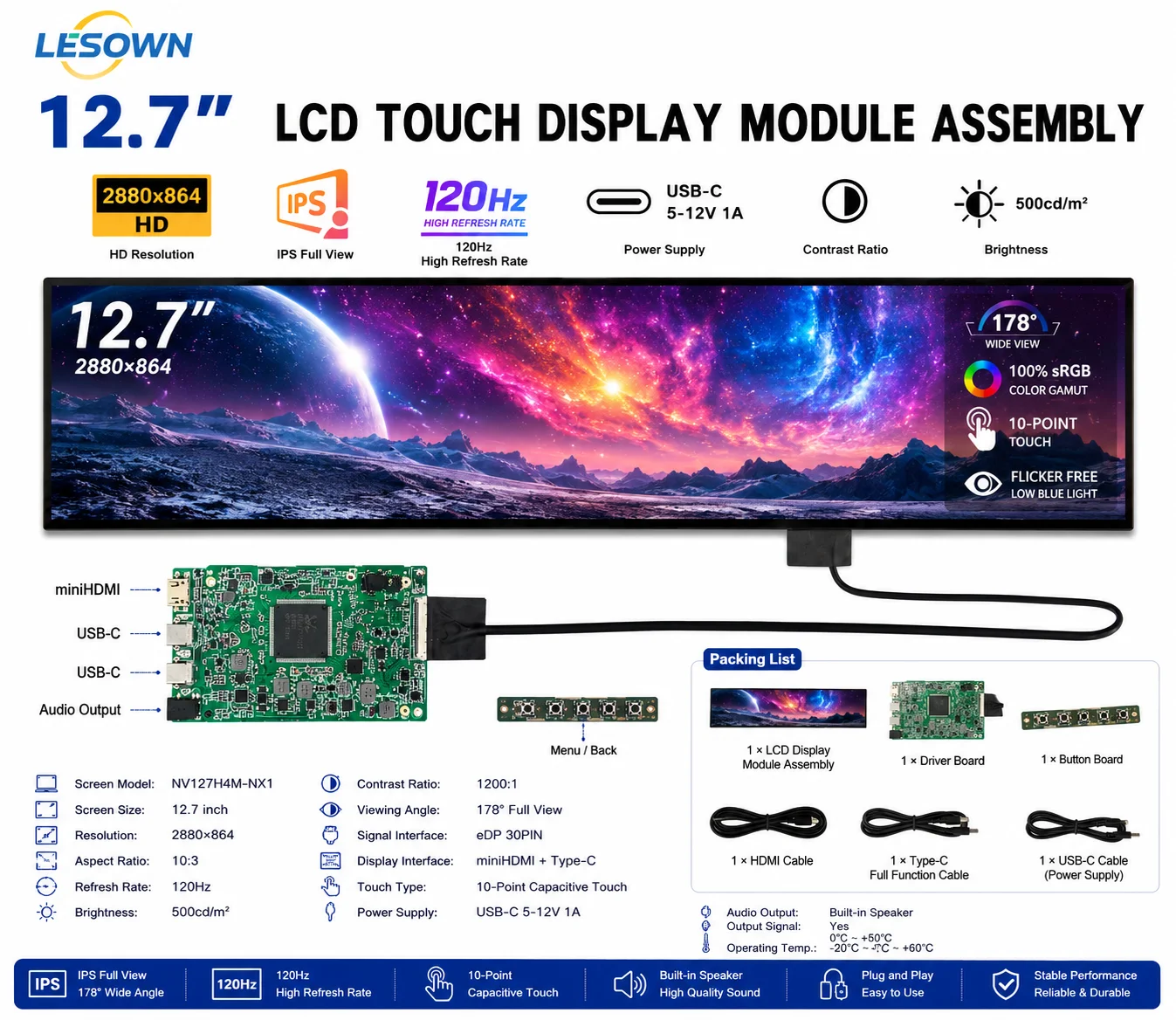 

LESOWN 12.7 In Módulo de Pantalla LCD 2880x864 120Hz Bar Monitor Setup Plug & Play Type-C Mini HDTV 500cd Panel Module