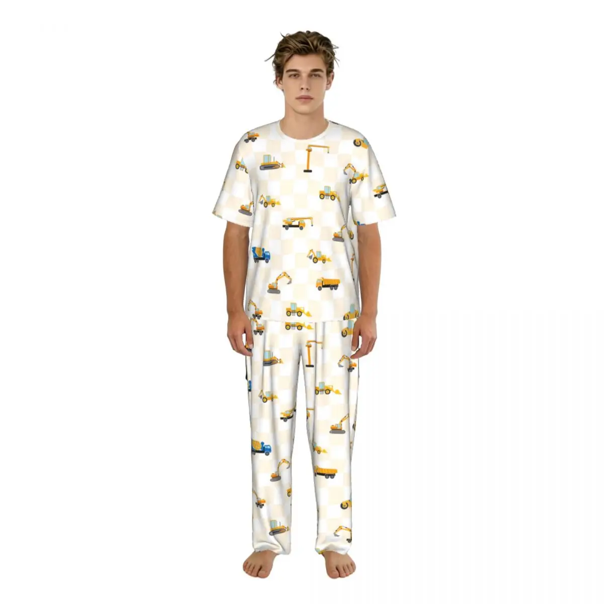 Men's short-sleeved pajamas two-piece trousers Cute Car Dump Truck home wear suit sleepwear