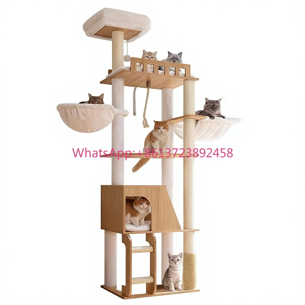 Hey-brother Wooden Cat Tree 69.7 Inch Large Platforms Hammocks Spacious Condo Full Sisal Plush Fabric Scratching Posts Ladder